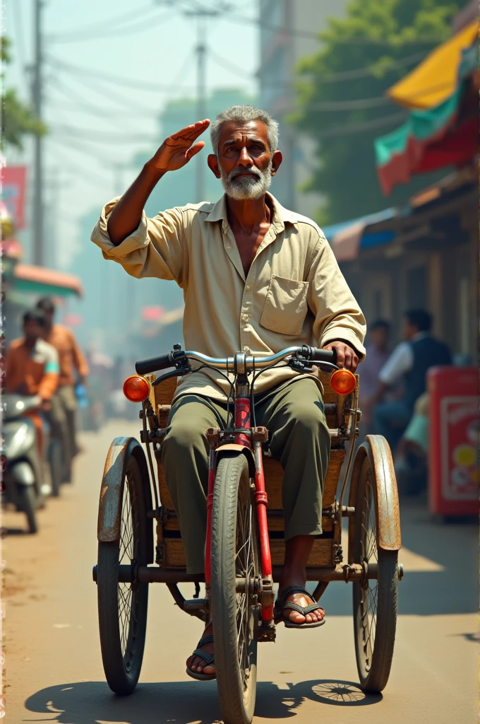 Bangladeshi rickshaw puller giving salute. pedal Rickshaw Run by foot