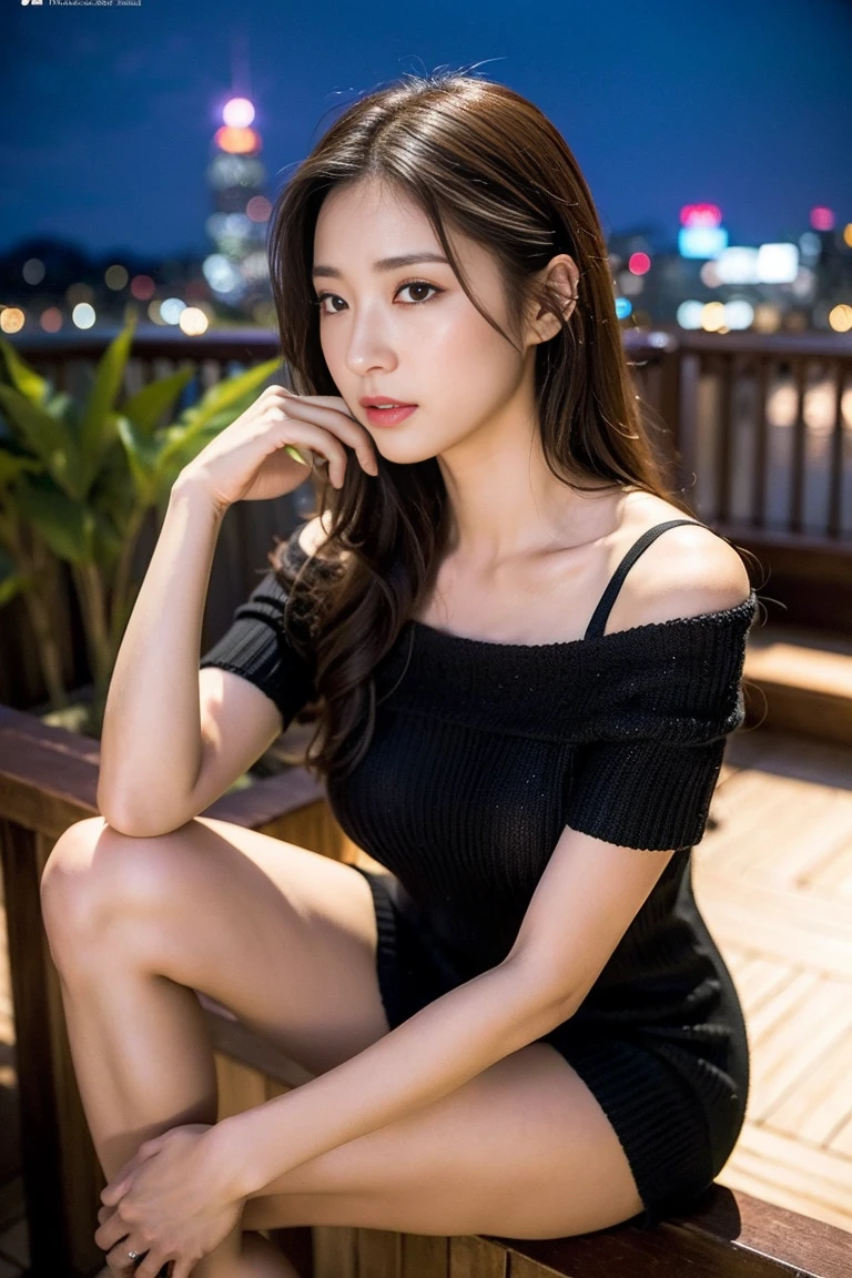 Dark brown hair、Light brown eyes、Japanese actress、 Lady、I am about 40 years old...、(Intricate details:1.2)、(Which is higher???:1.4)、 (Ultra-high resolution:1.2)、Ultra-high resolution、(Fine-tune)、(Detailed facial features)、Hmph、8k resolution、D cup size breasts、Long Hair、Rooftop Bar、Night view、Extravagant space、relax、、,Full body photo、Head to toe shot、Beautiful feet、Camisole dress、Beautiful feet、she, Fashion Hub, Extremely detailed, Very detailed, Realistic, Hourglass Shaped Body, Obscene pose,、、私 cry a lot、tears、diagonally from below、please lift your chin、Press your butt against the wall、relaxした表情、Pose of Weakness、(auraroid photo:1.2)、From outside the window、A masterpiece of transparent painting、8k、32K、Highest quality、(Details of both eyes)、1 person、elegant、(Black loose knit :1.4)、Night view。(Low - Angle、Look up and look at me:1.2)、Hilarious、Looking into the camera、Red Roseの花を1本手に持つ、Red Rose、stem with spines、手にRed Rose、