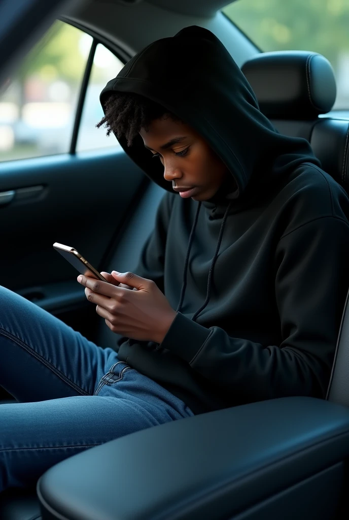 best qualityer:1.4), (ultra high resolution:1.2), (photorrealistic:1.4), (8k, CRU photo:1.2), 1 young teenager of 20 years old. skin black. He's wearing a black hooded sweatshirt. He's got the hood on. He's wearing blue jeans. He is sitting in the back seat of the car. He has his head down and is using his cell phone.