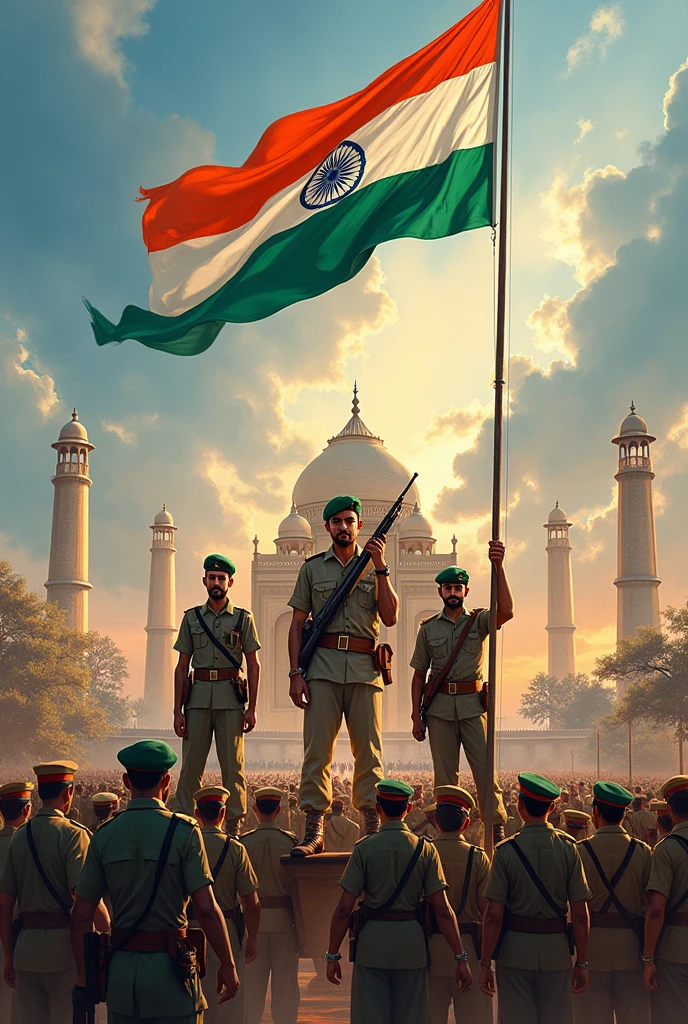 There is an Indian Indian Army who is the flag of India in front of him and seeing all the Army flags are cellut. The background shows a blurred outdoor scene with rocky terrain and a vibrant pink and purple sunset sky. The lighting gives the image a warm, golden-hour glow. The overall mood is rugged yet stylish, with a touch of adventure. -imagine -