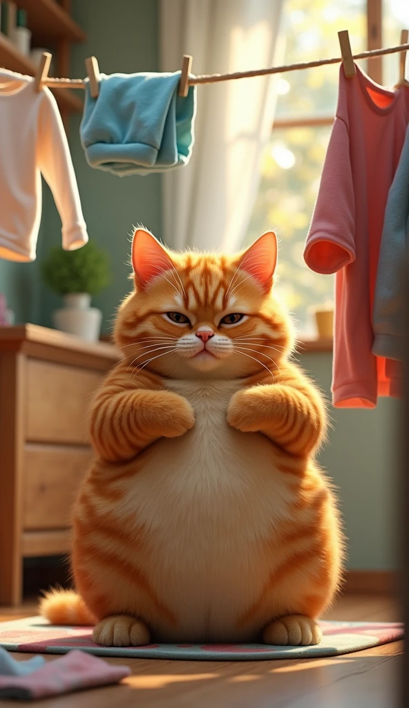 Photorealistic, 64K, high octan render, no blurring, A cute orange giant fat cat doing laundry, separating clothes, and hanging them to dry on a clothesline, looking serious and focused.