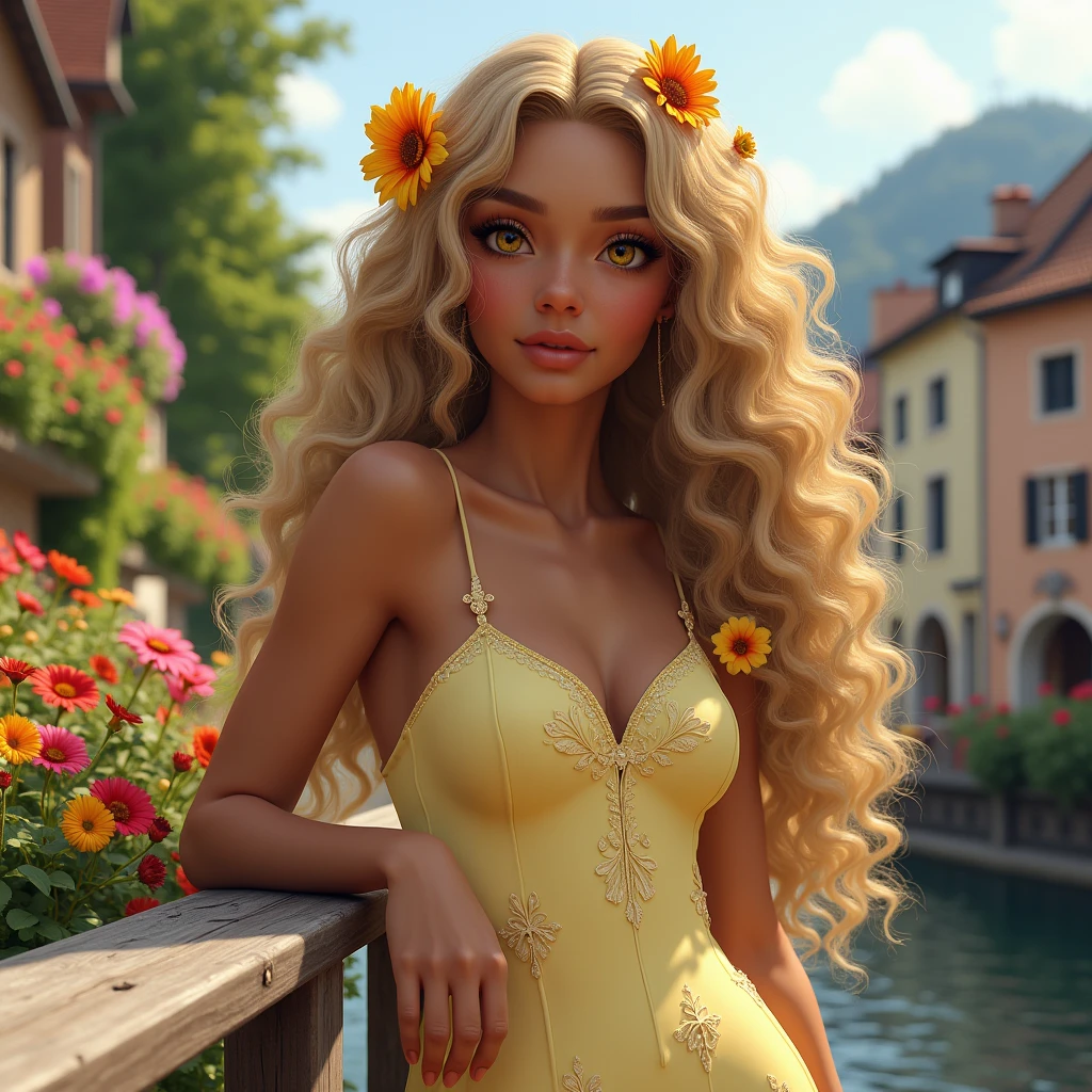 smile It leans against the wooden railing, Flowers in her long blond curly hair, Toffee color skin, beautiful toffee mixed woman 2 with long blond very curly hair and extremely detailled clear yellow eyes, She wears a beautiful simple and sexy long pale yellow Strap-on dress with beautiful detail in relief, she wears beautiful High crystal stiletto heels, It is on a bridge in Colmar, the bridge is filled with flowers of all colors