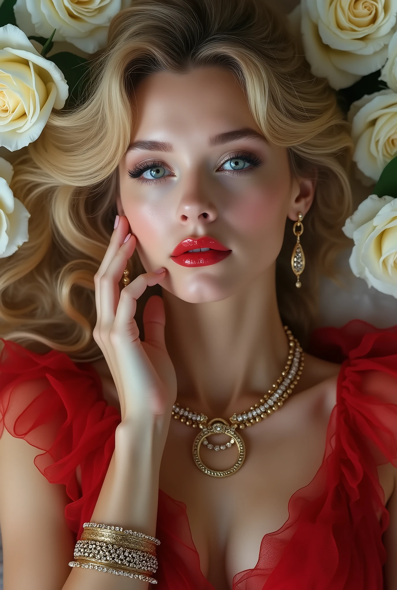 woman lying on a bed of white roses, long transparent red silk dress, highly detailed black lace, blonde, circular gold bracelet, earrings and necklaces with precious jewels, full lips, intense red lips, eyes outlined, big eyelashes, gently touching your face, melissa sue anderson, 20 years old