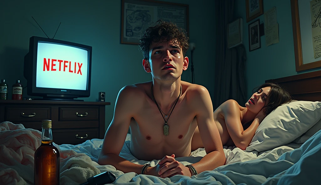 A shocking image of an exhausted young man, wrinkled, perspiring, wearing no shirt, is in desperation seeking success, looking straight ahead, expression frustrated by seeking success and not achieving it, in the background a television with the Netflix logo, bottle of whiskey around and a bed with a half-naked prostitute hugging him from behind, symbolizing the distractions that prevent you from achieving success, Cinematic realistic illustration.