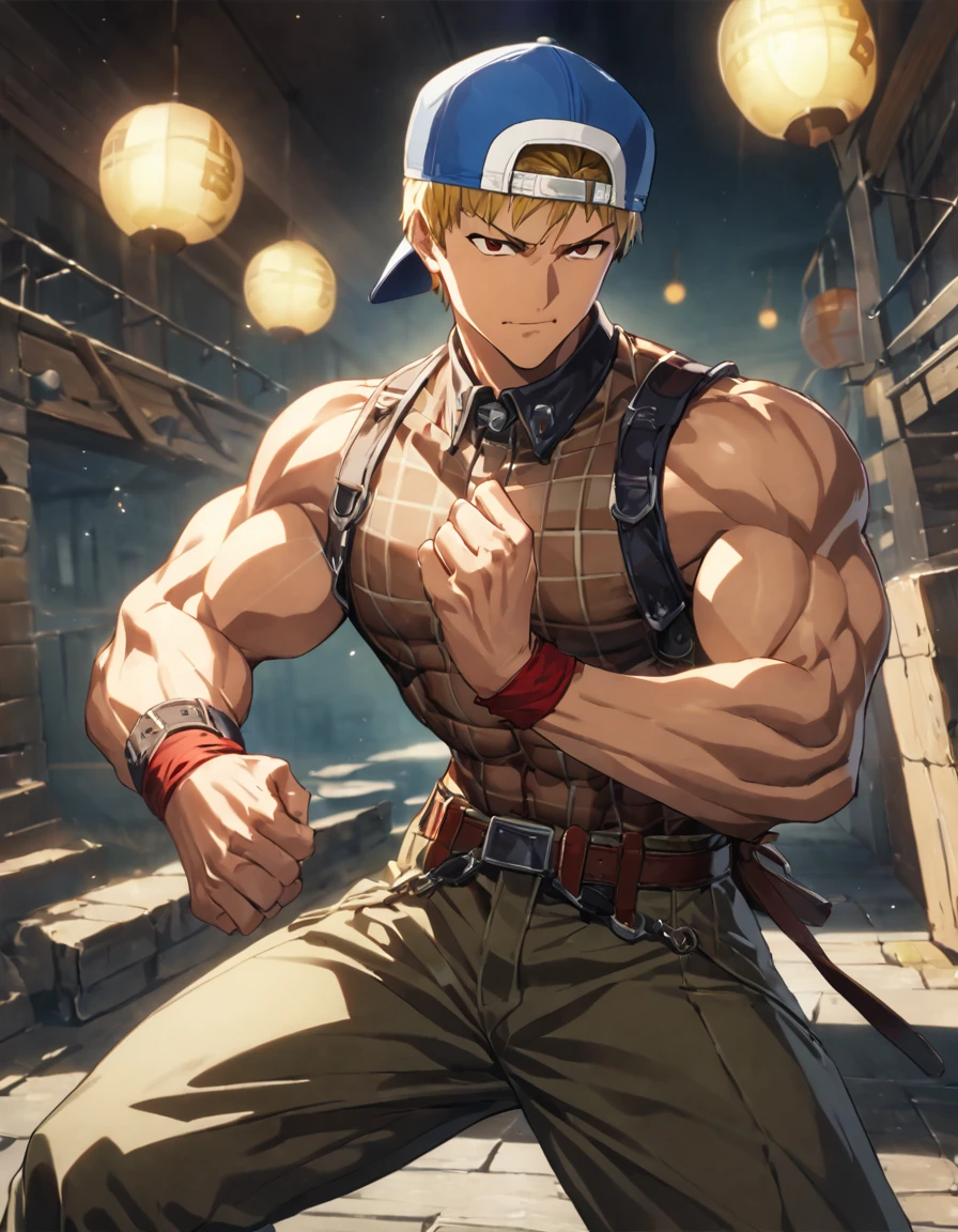 1man, (naughty heroic guy in fighting game, great muscular, solid chinpira, gallant yarichin), blonde hair, brown eyes, crewcut, BREAK sanpaku, sharp eyes, thick abs, BREAK backwards hat, blue cap, open shirt, cropped shirt, red collared shirt, sleeveless shirt, brown plaid shirt, jeans, red wristbands, abs, BREAK >:>, smug, cool emotion, toned body, ideal ratio body proportions, battle stance, burning psychic effect, BREAK solo, upperlegs, dynamic expression, game keyvisual, 1990s, in capcom art style, in nitroplus style, BREAK depth of field, dutch angle, cinematic shadows, cinematic lighting, lens flare, light leaks, texture, absurdres absolutely resolution, extreme all detailed, greatest painting, BREAK masterpiece, best quality, BREAK score_9, score_8_up, score_7_up, source_anime, rating_safe, score_6_up, score_5_up, score_4_up