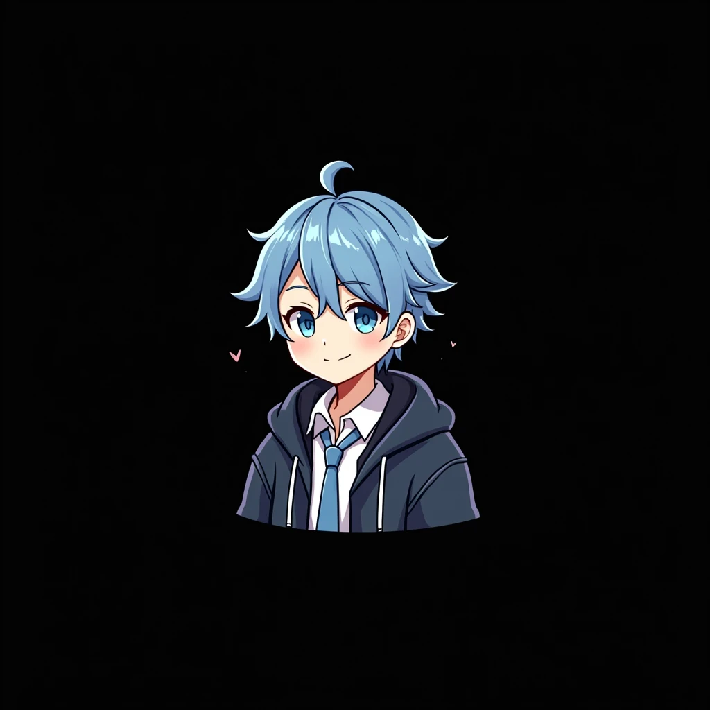 images for a Cute PNGTuber Model Cute male tuber PNG model with blue hair with blue and half dark blue eyes in a white shirt with a blue tie and a knight hoodie