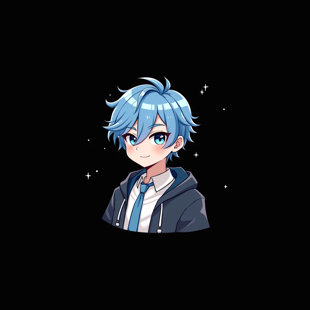 images for a Cute PNGTuber Model Cute male tuber PNG model with blue hair with blue and half dark blue eyes in a white shirt with a blue tie and a knight hoodie