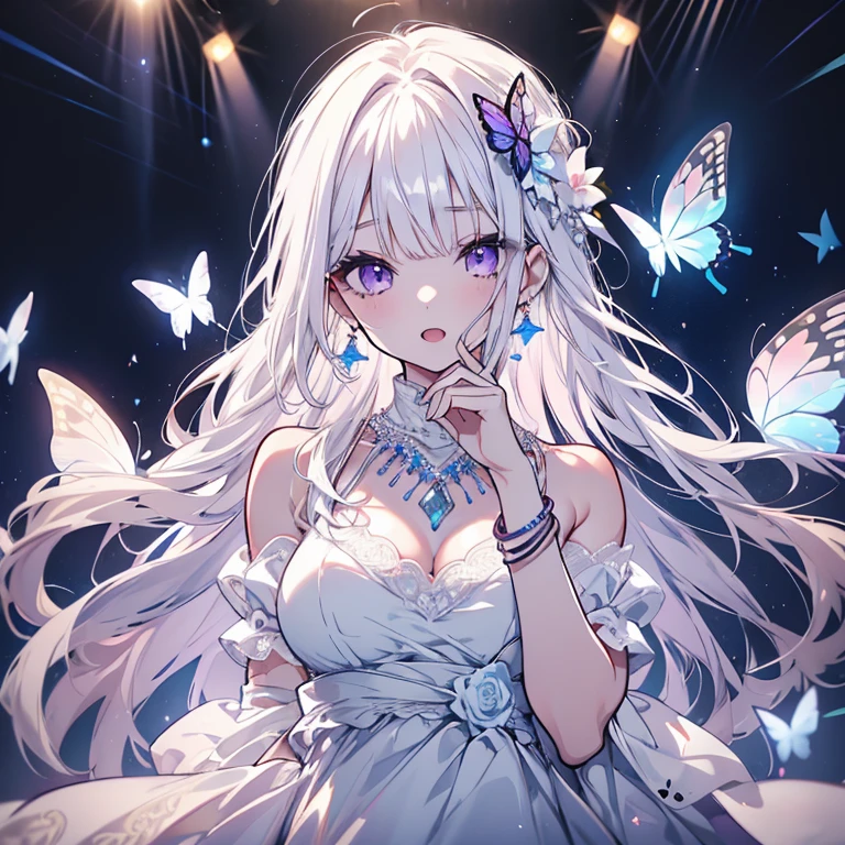 1 person、Mature、Ample breasts、Long Hair、White Hair、White skin、Straight hair、Trimmed bangs、Purple Eyes、beautiful、Diva、Long eyelashes、Fleeting、White Dress、Shoulder Bare、Lace fabric、necklace、bracelet、Earrings、gem、Open Mouth、sing、Antique stage、Blue Spotlight、Butterflies fluttering、High resolution、Highest quality