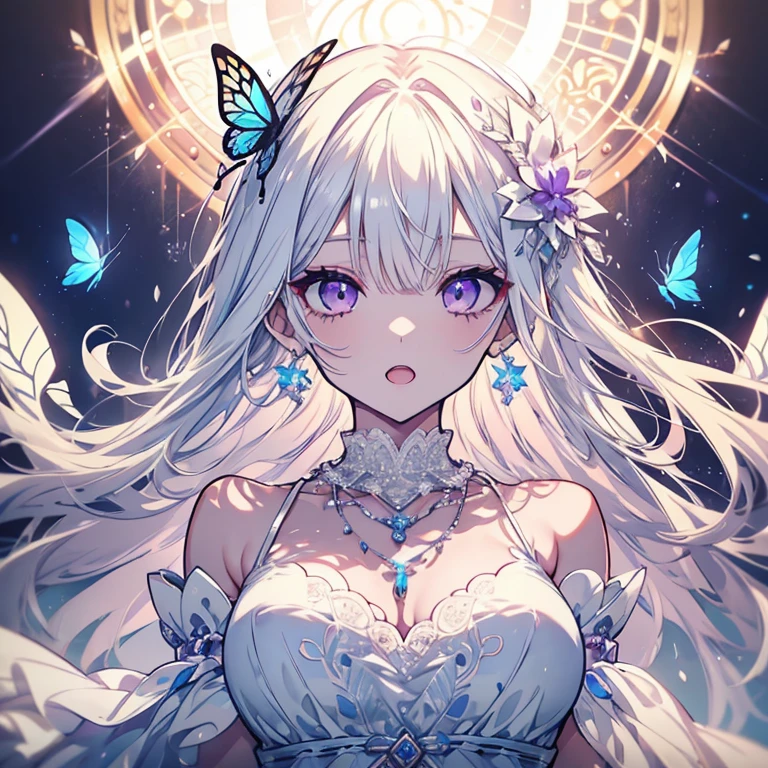1 person、Mature、Ample breasts、Long Hair、White Hair、White skin、Straight hair、Trimmed bangs、Purple Eyes、beautiful、Diva、Long eyelashes、Fleeting、White Dress、Shoulder Bare、Lace fabric、necklace、bracelet、Earrings、gem、Open Mouth、sing、Antique stage、Blue Spotlight、Butterflies fluttering、High resolution、Highest quality