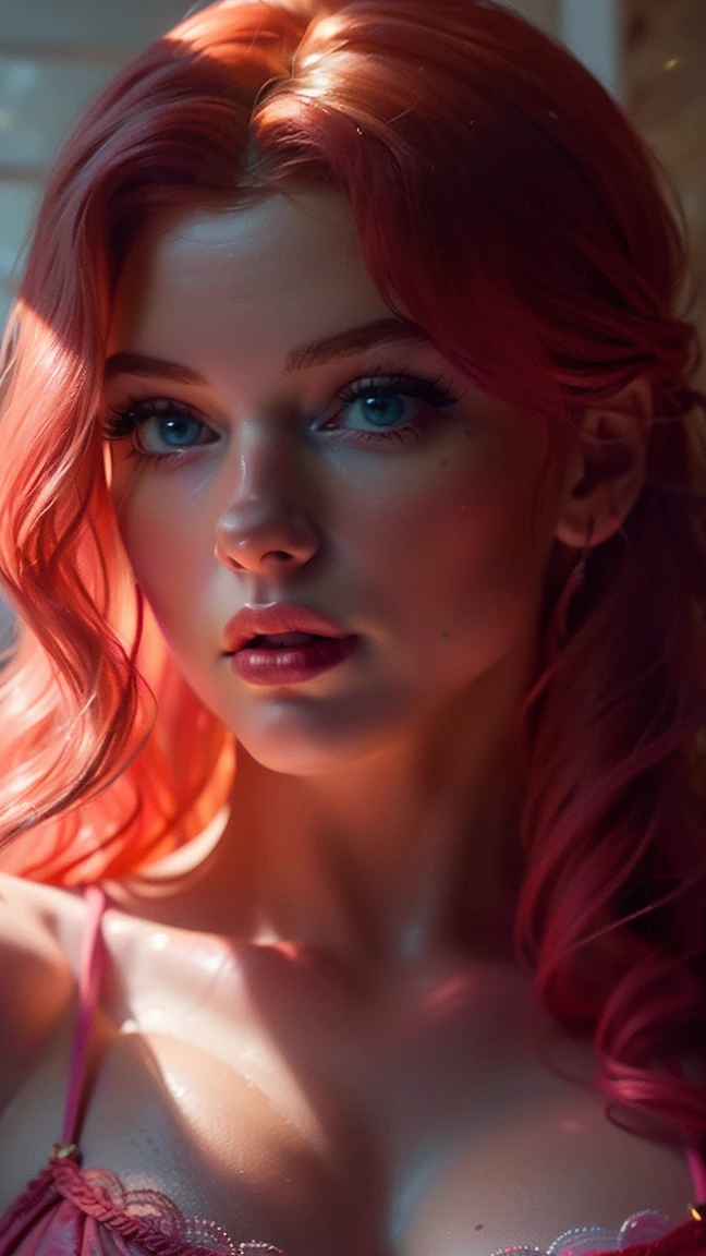 (((ultra realistic))) Photo, masterpiece, top quality, (pale skin), (Ultra detailed face and eyes:1.3), 1 girl, Adult, In Lifchik, ((Eye makeup, pink mascara)), ((large detailed lips)), ((pink wavy hair)), ((Chyolka)) , (Natural round breasts), Slim waist. ((Posing)), photoshoot, studio (contour lighting), (The play of light and shadows), depth of field, bokeh, (special attention to skin detail: 1.2), Detailed leather texture, skin pores. (Light atmosphere of the frame. Color range - delicate, Bright, Yellow tones), UDR, ((Film grain)), ((rays)), (Glare), (In white lace bikini), (Full body shot), ((Photo from the front)), ultra detailed
