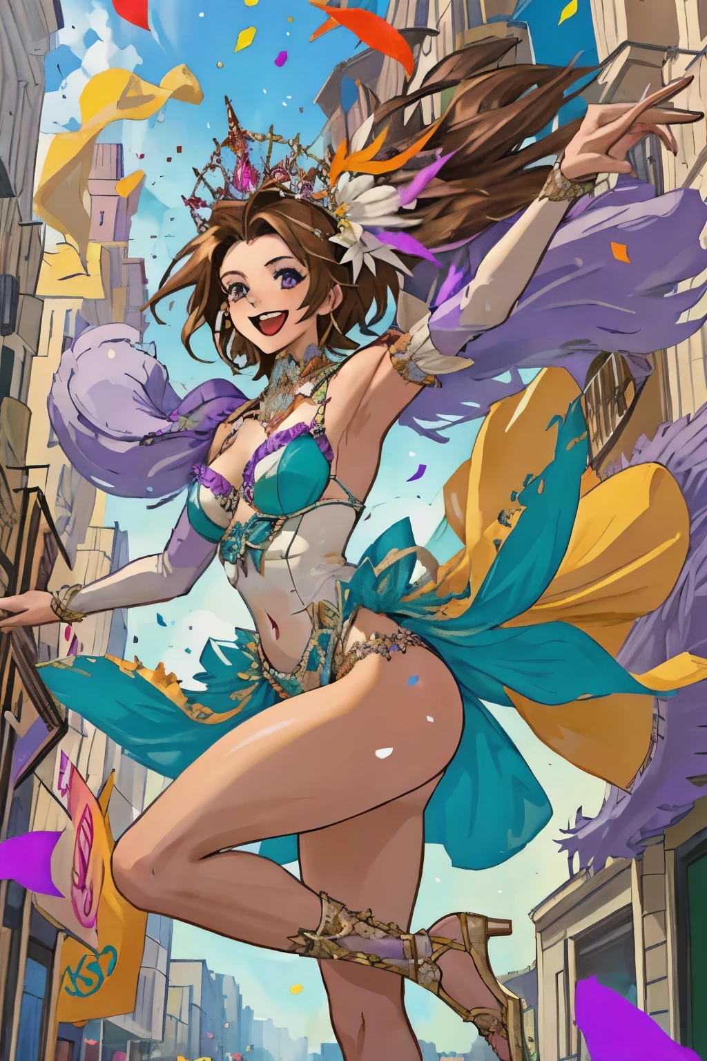 Highest quality, Official Art, masterpiece, Fabric Shading, High resolution, Very detailed, colorful, Best details, High leg samba micro costume:1.5, Burnt:1.9 Yuki Mori:1.5, 1 female, Age 25, Brown Hair, Medium Hair,Big Ass:1.9, {{{{{Dancing enthusiastically in a parade:1.9}}}}}, A bustling boulevard, sunny, skinny, {{Surrounded by male photographers:1.9}}, She has been photographed by many male photographers..:1.7, Confetti is falling, Blessed, welcome:1.5, Camel Toe:1.9, Ground level shot,Purple Feather,