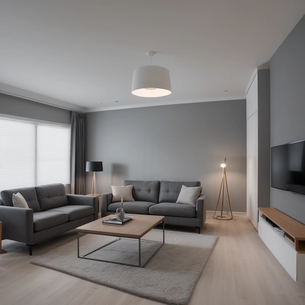 A minimalist living room interior featuring a dark gray armchair with sleek, modern lines. The chair is placed on a light gray wooden floor, against a plain light gray wall. On the wall, there is nothing. To the right of the chair, there is a tall, slim black floor lamp with a white shade, positioned to provide focused lighting. The room has a simple and clean design, with no additional decor or clutter, emphasizing the minimalist aesthetic.