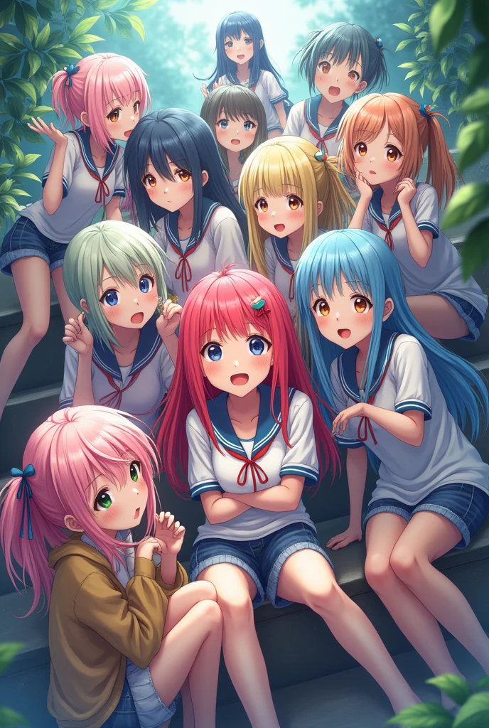 (photorealism:1.2),anime group 9 anime ??? 6girls 3boys