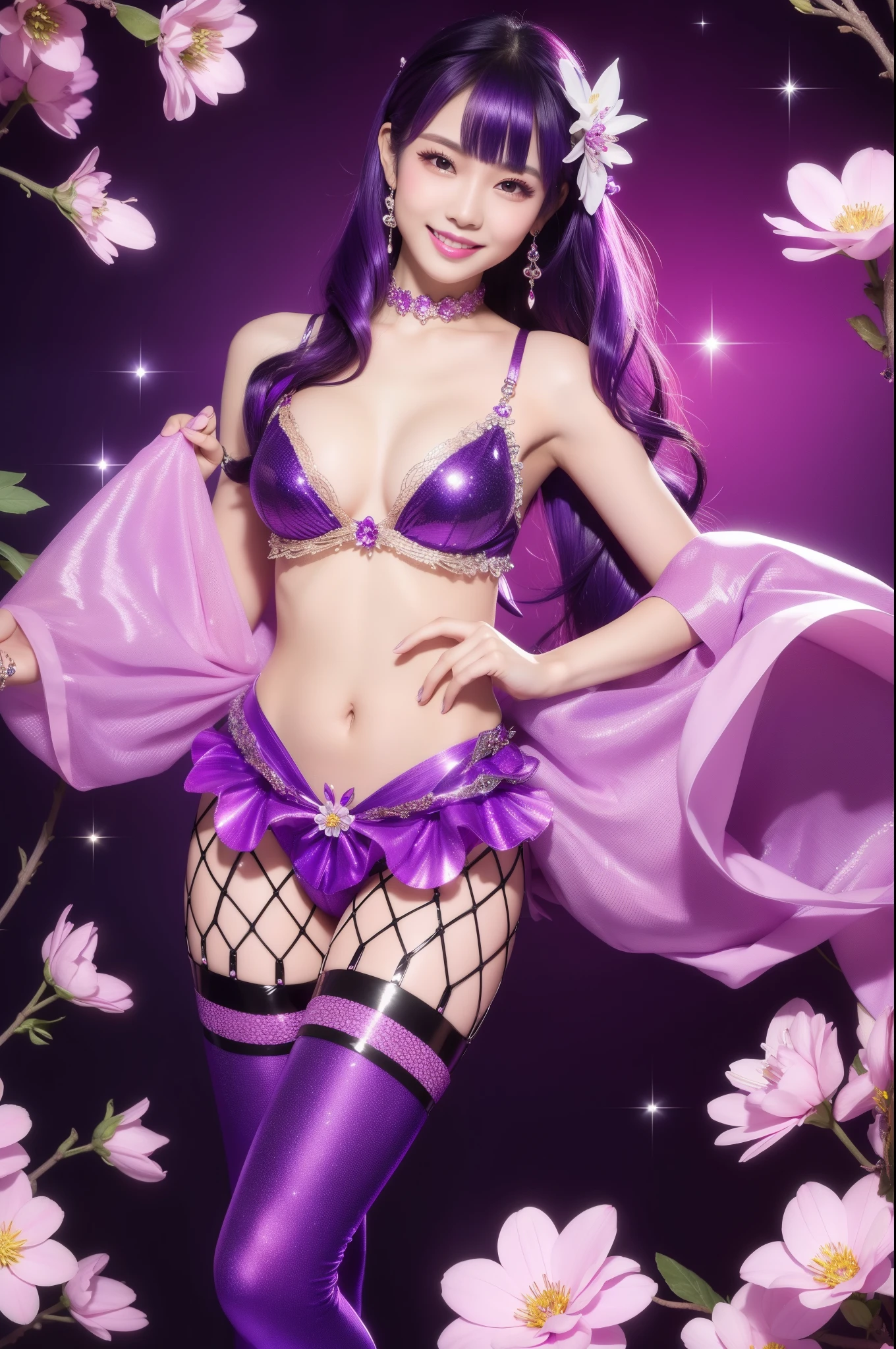 sexy Thai model who controls poison、beautiful smile、lipgloss、intense makeup、look at the camera、full body Esbian、、sparkling poisoned flower costume (purple)、、、、shiny sparkling multicolor hair、secrete poison、skull hair accessories、fishnet tights、shiny sparkling flowers background