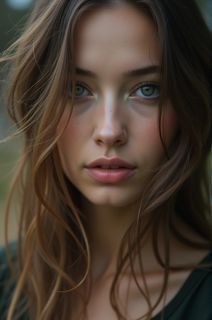 A close up of a woman with long hair wearing 