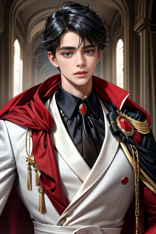 masterpiece, 最high quality, high quality, 1 boy, alone, Male focus, Upper Body,Watching the audience, Messy black hair, Adorable big blue eyes, White, Noble, Noble,A black and red cape that is bursting with sexy volume、Tuxedo、A very voluminous, large, very large, very large, long, long red and black cape with a high stand-up collar, made of a lot of fabric that reaches down to the floor., ,cute beautiful,Cute, cute, kind, handsome guy