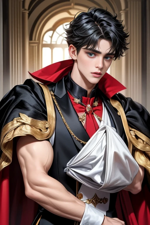 masterpiece, 最high quality, high quality, 1 boy, alone, Male focus, Upper Body,Watching the audience, Messy black hair, Adorable big blue eyes, White, Noble, Noble,A black and red cape that is bursting with sexy volume、Tuxedo、A very voluminous, large, very large, very large, long, long red and black cape with a high stand-up collar, made of a lot of fabric that reaches down to the floor., ,cute beautiful,Cute, cute, kind, handsome guy