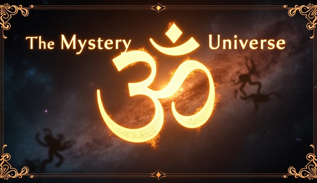 Design a captivating YouTube thumbnail for a video titled "The Mystery of the Universe: Hinduism." The background should feature a dark, starry cosmic scene with a vibrant nebula or swirling galaxy, symbolizing the vastness of the universe. Place a large, glowing golden "Om" symbol at the center, radiating mystical energy. Flanking the "Om," of prominent Hindu deities, such as Vishnu or Shiva, blending subtly into the cosmic background. Add intricate, traditional Indian patterns along the edges for a cultural touch. At the top of the image, include the title "The Mystery of the Universe" in bold, glowing white letters. Beneath it, write "Hinduism" in a slightly smaller, elegant font. A soft lens flare effect near the galaxy enhances the overall mystical and divine atmosphere of the thumbnail.