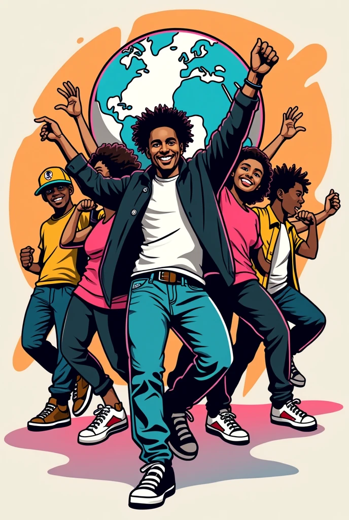 a series of cool dance move for tshirt design. like theres someone whos dancing in different moves like cartoon style theres a globe, theres a people that unity. A person dancing in hiphop style. people helping each other in action of dance. a lot of people dancing and color black and white with a text "FUSION".