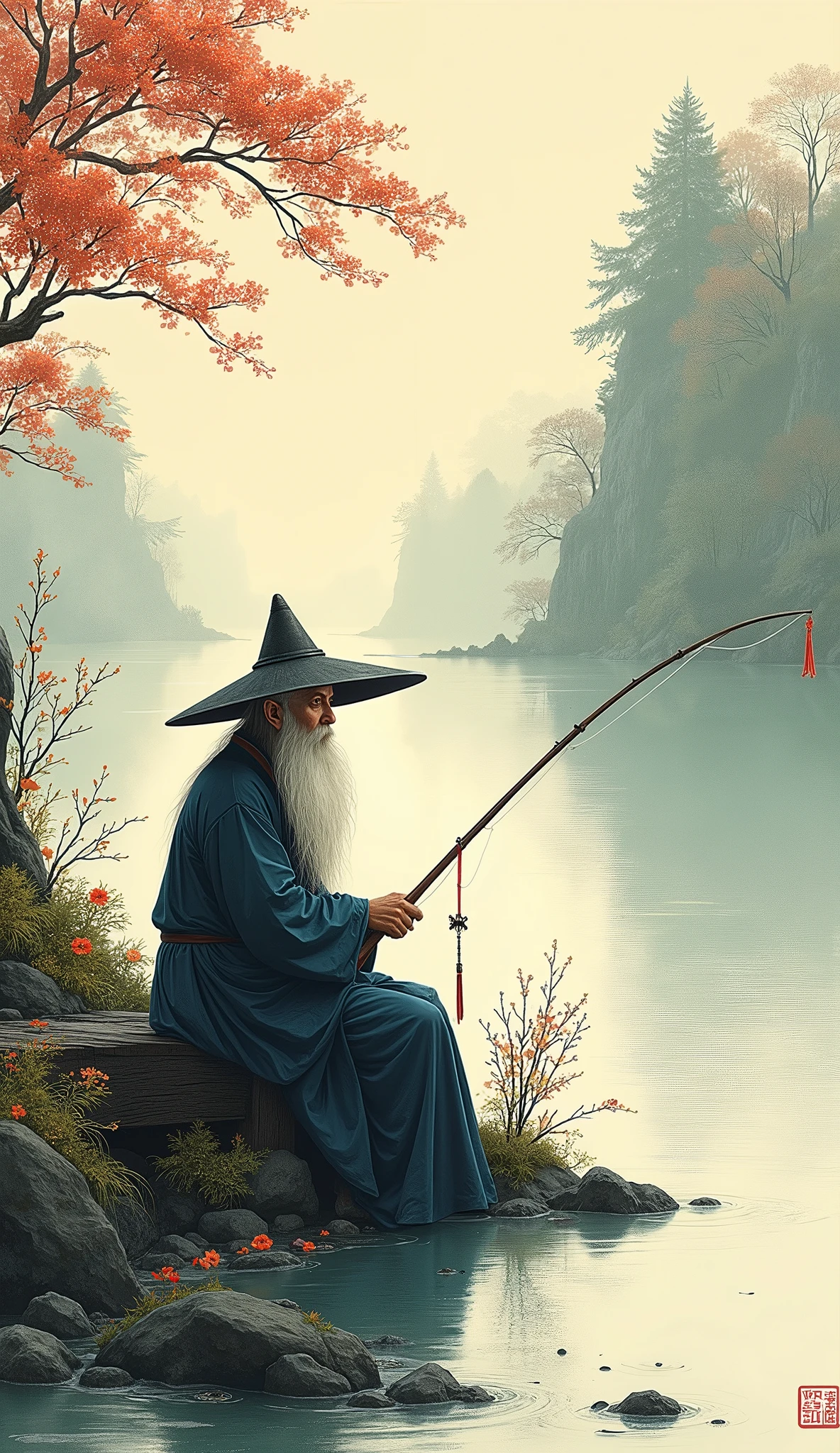 Partially color、Ink Painting、Historical works、A work that exudes a sense of tranquility、Riverbank、A hermit sitting on a bridge and fishing、Three-cornered hat、Long white beard、fishing rod