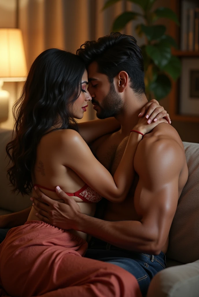 A young Bihari man, raw and masculine, is depicted in a passionate moment with an attractive woman. The man has short, well-groomed hair, while the woman, a Bihari girl, has long, glossy black hair tied in a high ponytail. Both are seen in a bedroom environment, the man on top of the woman in a doggy style position, their bodies entwined on the bed. The woman is wearing a revealing beige school swimsuit, showcasing her toned figure, while the man is bare-chested, demonstrating his muscular physique. The room is illuminated by a warm, dramatic light, casting long shadows and highlighting the intim