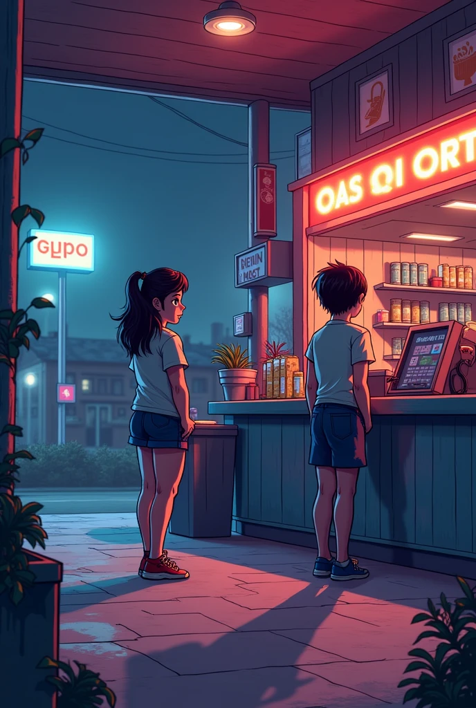 Give me a 2d image in terraria style, from inside a gas station. The point of view should be that of a girl who is going to pay at the checkout and at night, moderately lively.