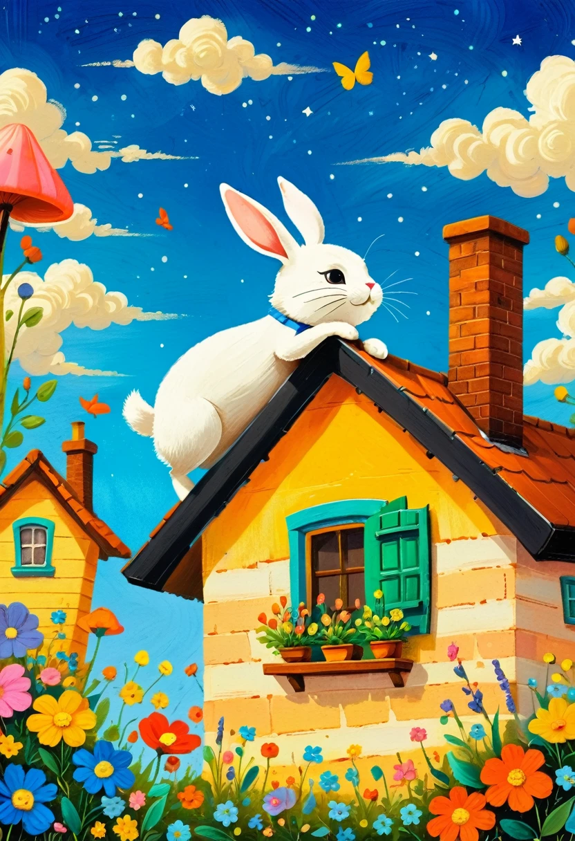 A painting:(((Colorful black,Chalk painting,Oil stick painting,flight,Thick coating,Uneven texture,Plaster texture,Graffiti)))。cartoon illustration of a house with a rabbit on top of it, a storybook illustration inspired by Studio Ghibli, pixiv contest winner, process art, rounded house and cute character, cute detailed digital art, cute storybook illustration, house background, cute anthropomorphic bunny, hiding in the rooftops, sweet home, little cottage, cozy home background