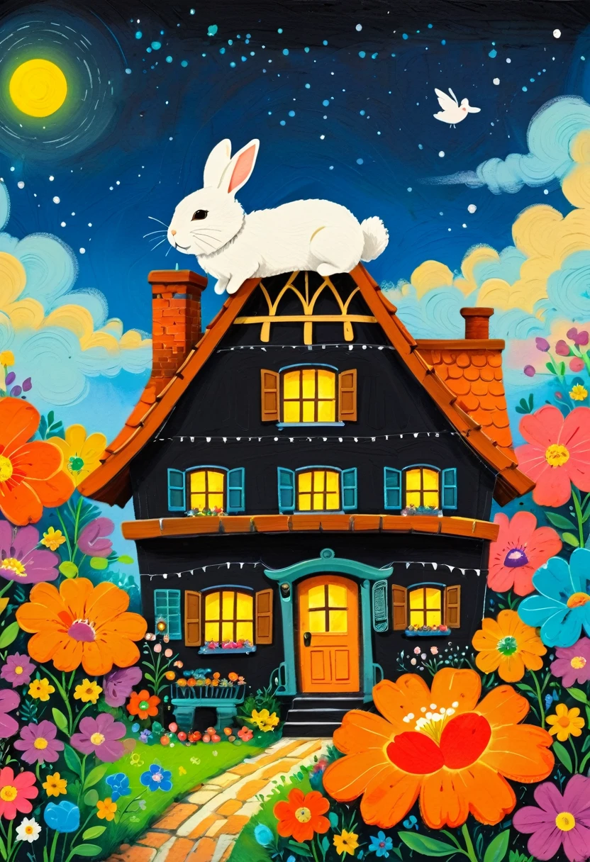 A painting:(((Colorful black,Chalk painting,Oil stick painting,flight,Thick coating,Uneven texture,Plaster texture,Graffiti)))。cartoon illustration of a house with a rabbit on top of it, a storybook illustration inspired by Studio Ghibli, pixiv contest winner, process art, rounded house and cute character, cute detailed digital art, cute storybook illustration, house background, cute anthropomorphic bunny, hiding in the rooftops, sweet home, little cottage, cozy home background