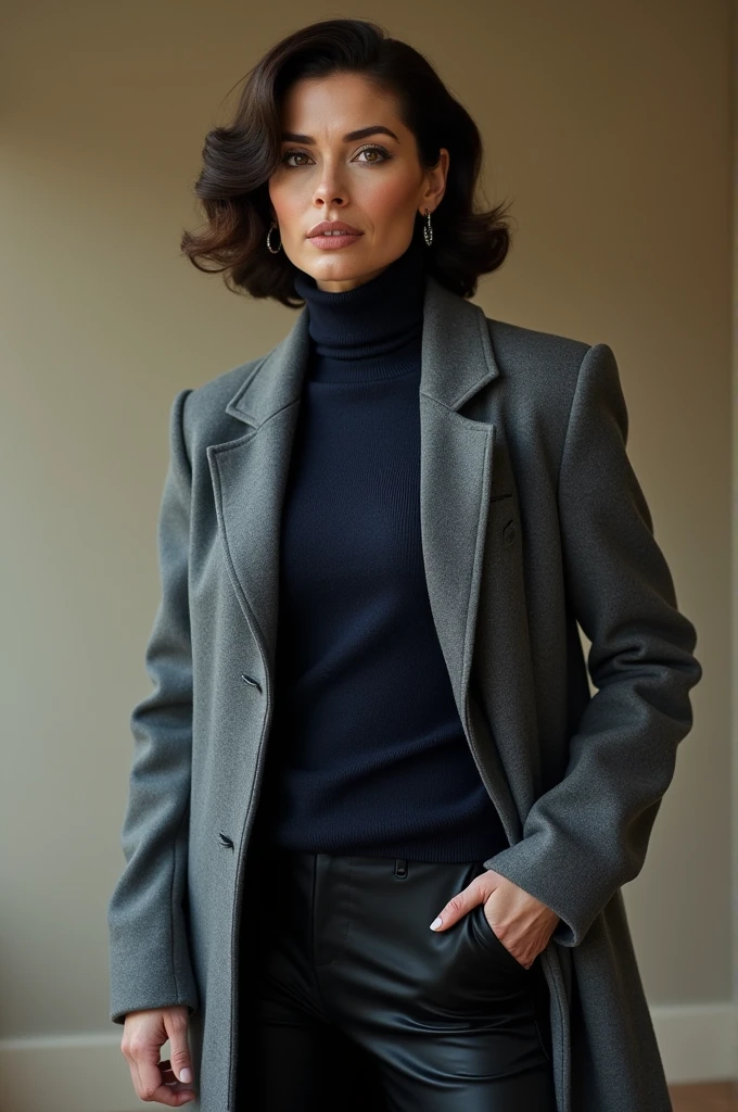 Evelyn Hugo is wearing tight black pants and a long wool sweater over it, gray and navy blue.