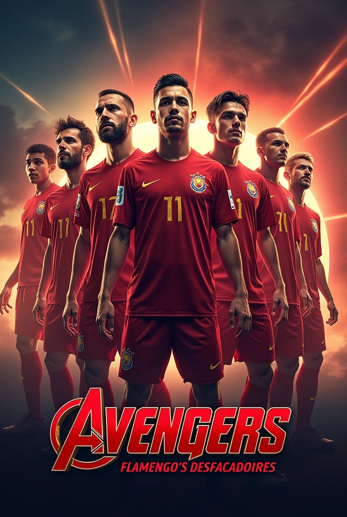Photo of Pedro, Gabriel Barbosa, Wesley,Vina,arrascaeta,allan,Varela, these Flamengo players will have an Avengers background and in front of the image it will say Flamengo's desfacadores, they are all wearing the Flamengo shirt