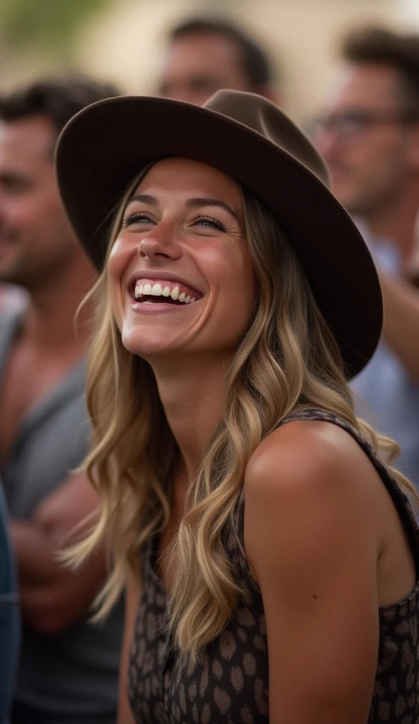 a woman who is a fan of country music, wearing a cowboy hat, with a big smile of happiness when seeing their idol. Ao fundo, Multiple people blurred, with shades of brown predominating in the image. a special moment captured!