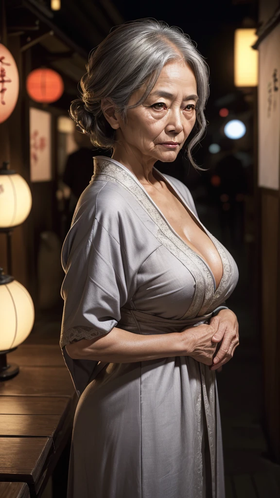 6,(A MILF:1.2), a captivating gaze,long old gray hair,Brown eyes, (A lot of wrinkles on her face:1.4), (There are many wrinkles on her chest1.4),Old Woman, Detailed wrinkles (8K, High resolution,ultra-quality, An ultra-high picture quality,Ultrarealistic,Best Quality,masuter piece:1.2)(breasts are large,Large cleavage:1.1) ,(Old Woman in Japan), beauty dinner dress,eyes visible through hair, Proper eye position,Cinematic Light,Soft light,lower back,Night time,Soft moonlight,detailed color graded background,Convoluted, ighly detailed,8K,Overall silhouette,restaurant,Looking down