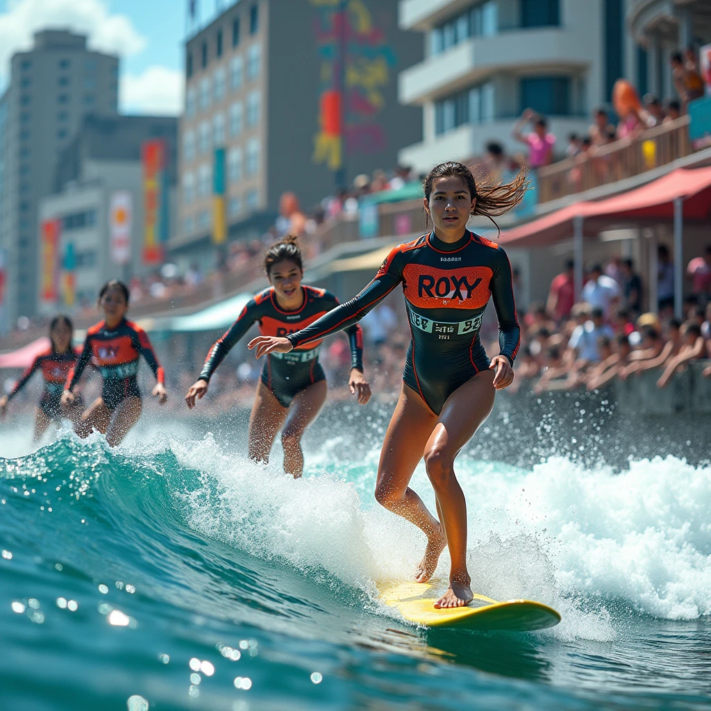 Women surfing in Dotonbori - Real photos audience Surfing competitions Longboard Rash guard with tournament number realistic photographic expression The rash guard is from ROXY