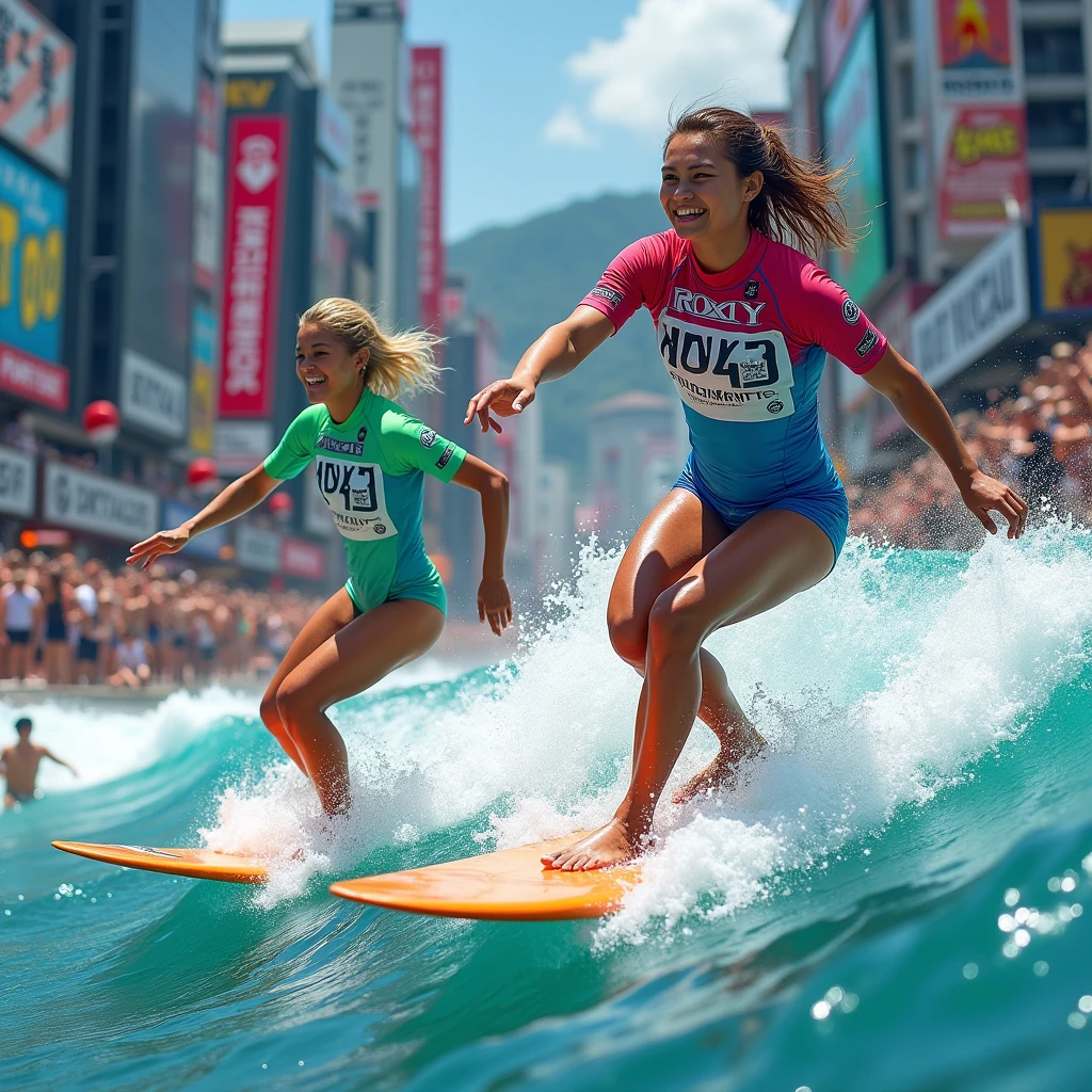 Women surfing in Dotonbori - Real photos audience Surfing competitions Longboard Rash guard with tournament number realistic photographic expression The rash guard is from ROXY