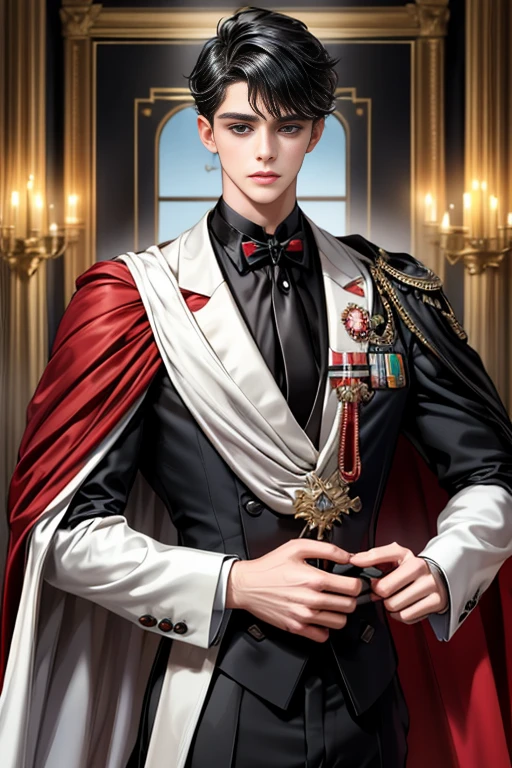 masterpiece, 最high quality, high quality, 1 boy, alone, Male focus, Upper Body,Watching the audience, Messy black hair, Adorable big blue eyes, White, Noble, Noble,A black and red cape that is bursting with sexy volume、Tuxedo、A very voluminous, large, very large, very large, long, long red and black cape with a high stand-up collar, made of a lot of fabric that reaches down to the floor., ,cute beautiful,Cute, cute, kind, handsome guy