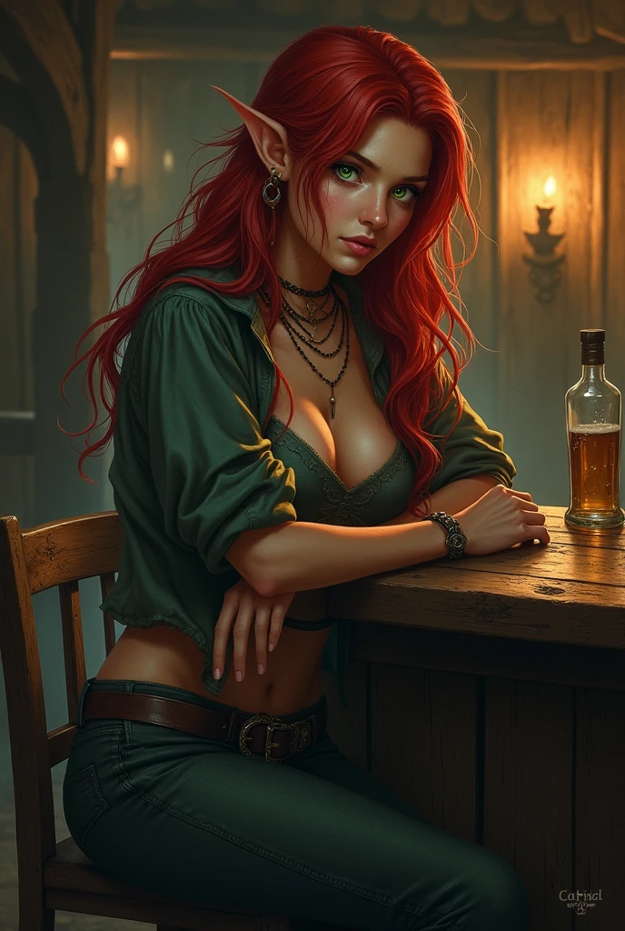 in a fantasy world, a shady tavern, a half elven woman with red mane and green eyes and thick chin and tick nose dressed in a low cut trouser and small high jacket is leaning on a table