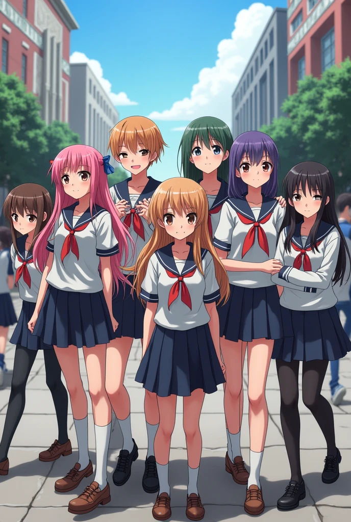 (photorealism:1.2),anime group 9 anime kid 6girls 3 boys 
