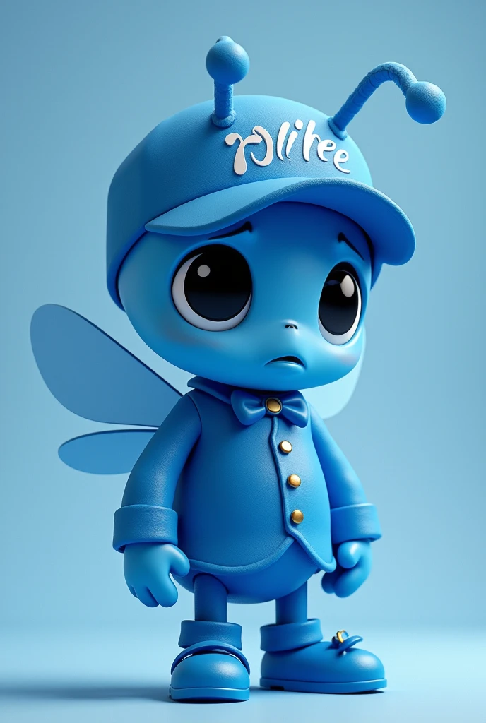 generate of a photo of a sad bee and make the design like "Jollibee" but the color is blue