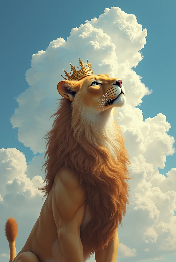 Lioness girl with crown, looking at the sky and the word thank you 