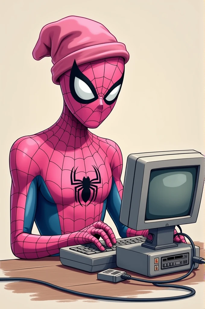 Spider-Man all in pink with a pink hat working on an old unpinotised computer