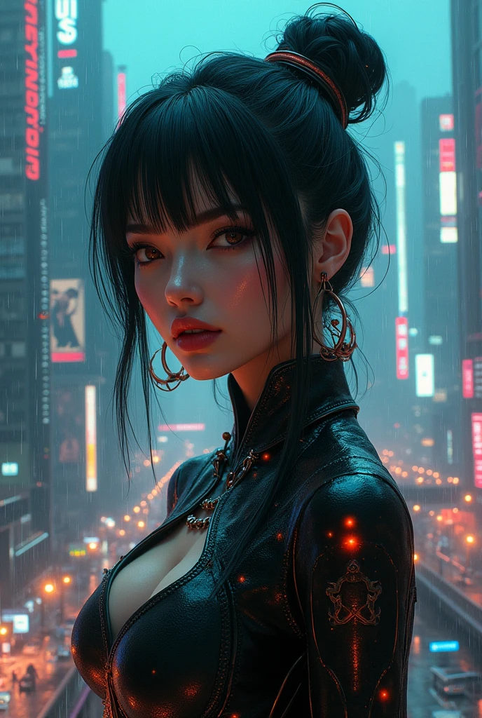 A cyberpunk girl in a futuristic metropolis (reto vintage art deco style), (best quality,4k,8k,highres,masterpiece:1.2),ultra-detailed,(realistic,photorealistic,photo-realistic:1.37),detailed eyes,detailed lips,extremely detailed face,longeyebrows,intricate cyberpunk outfit,neon lights,city skyline,rainy atmosphere,moody lighting,cinematic composition