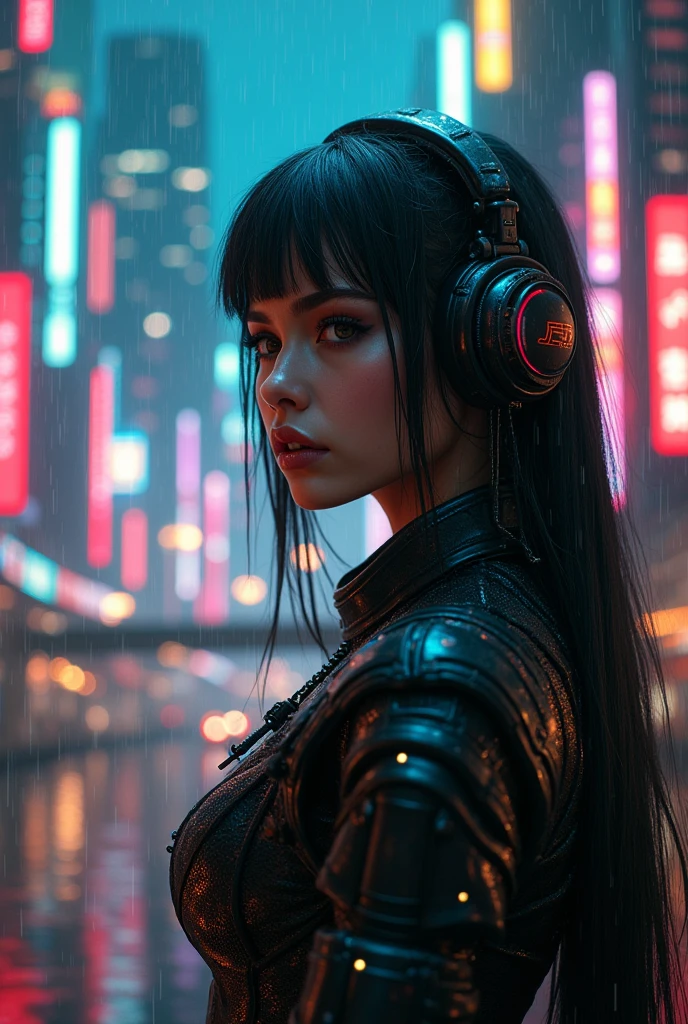 A cyberpunk girl in a futuristic metropolis (reto vintage art deco style), (best quality,4k,8k,highres,masterpiece:1.2),ultra-detailed,(realistic,photorealistic,photo-realistic:1.37),detailed eyes,detailed lips,extremely detailed face,longeyebrows,intricate cyberpunk outfit,neon lights,city skyline,rainy atmosphere,moody lighting,cinematic composition
