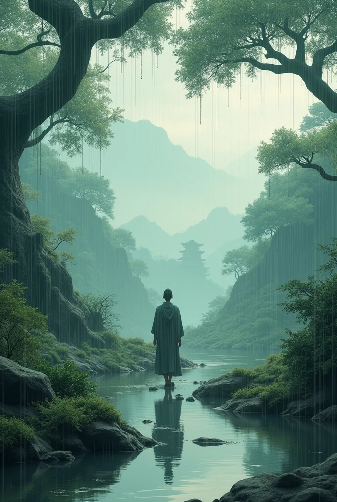 Realistic oriental landscape in the rain representing peace