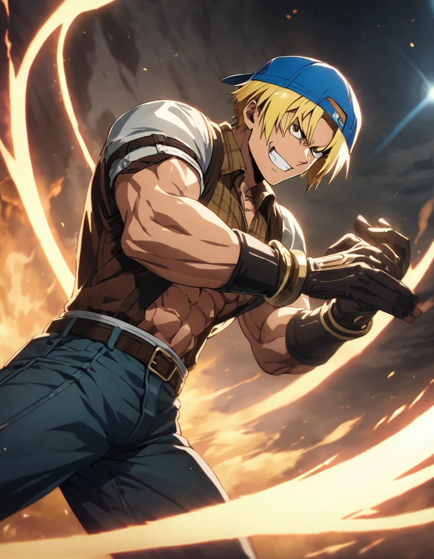 1man, naughty heroic guy in fighting game, great muscular, solid chinpira, gallant yarichin, blonde hair, brown eyes, crewcut, BREAK sanpaku, sharp eyes, thick abs, BREAK backwards hat, blue cap, open shirt, cropped shirt, red collared shirt, sleeveless shirt, brown plaid shirt, jeans, red wristbands, abs, BREAK >:>, smug, cool emotion, toned body, ideal ratio body proportions, battle stance, burning psychic effect, BREAK solo, upperlegs, dynamic expression, game keyvisual, 1990s, in capcom art style, in nitroplus style, BREAK depth of field, dutch angle, cinematic shadows, cinematic lighting, lens flare, light leaks, texture, absurdres absolutely resolution, extreme all detailed, greatest painting, BREAK masterpiece, best quality, BREAK score_9, score_8_up, score_7_up, source_anime, rating_safe, score_6_up, score_5_up, score_4_up