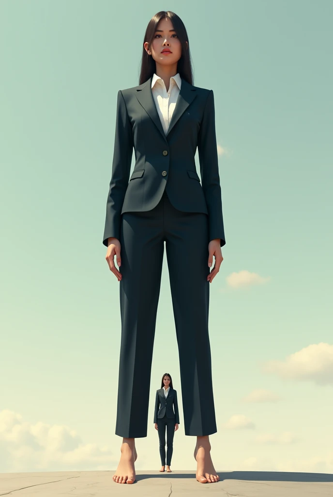 A giant barefoot woman in a suit