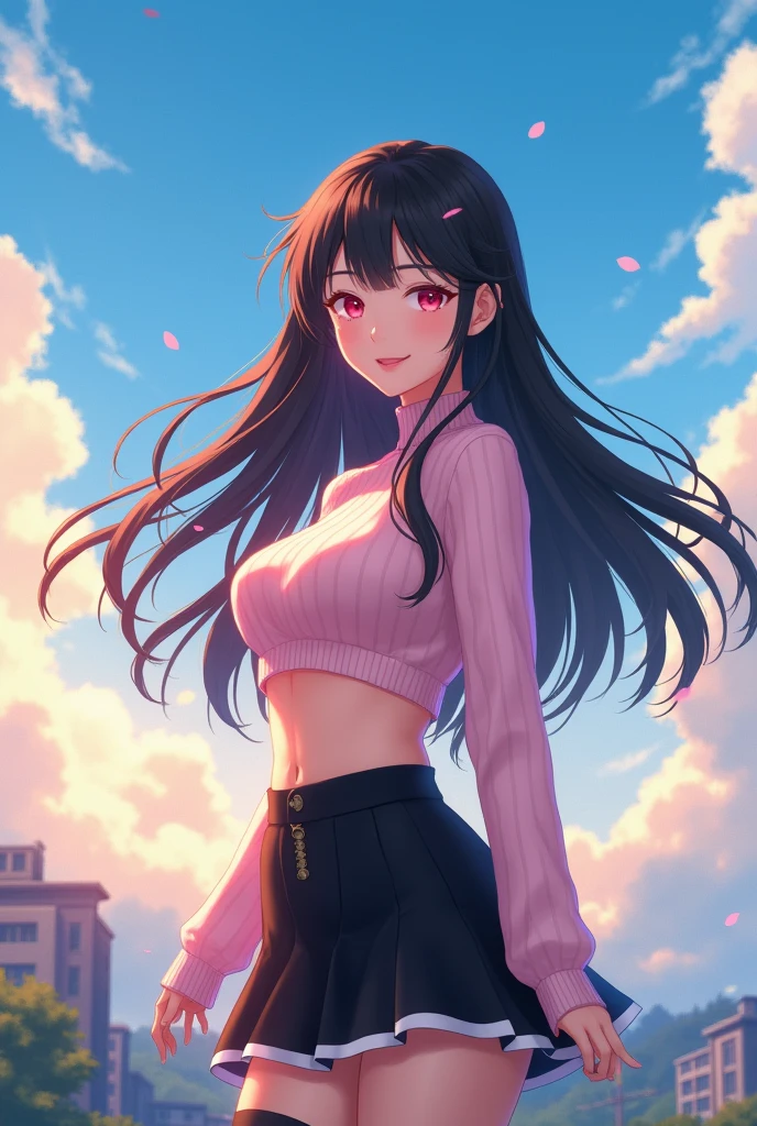 official art, masterpiece, sharp focus, (Beautiful pretty Korean woman:1.3), (beautiful cute korean:1.3), korean beauty, hair, delicate and beautiful eyes and face. ,detailed anime, ultra detailed, beautiful girl, blue sky, bright white particle, (side lighting:1.2), sunlight, White cloud, detailed clouds, slender, Beautiful very large breasts and very large hips., smile with your teeth, ((smile with your eyes, open both eyes)), scenery, long straight hair, sexy facial expression, building, (urban landscape:1.7), hair dinámico, long straight hair, Detailed black hair, bright pink eyes, (light pink cropped sweater + black high skirt with white edges),long black stockings, Pale skin, epic scenery,