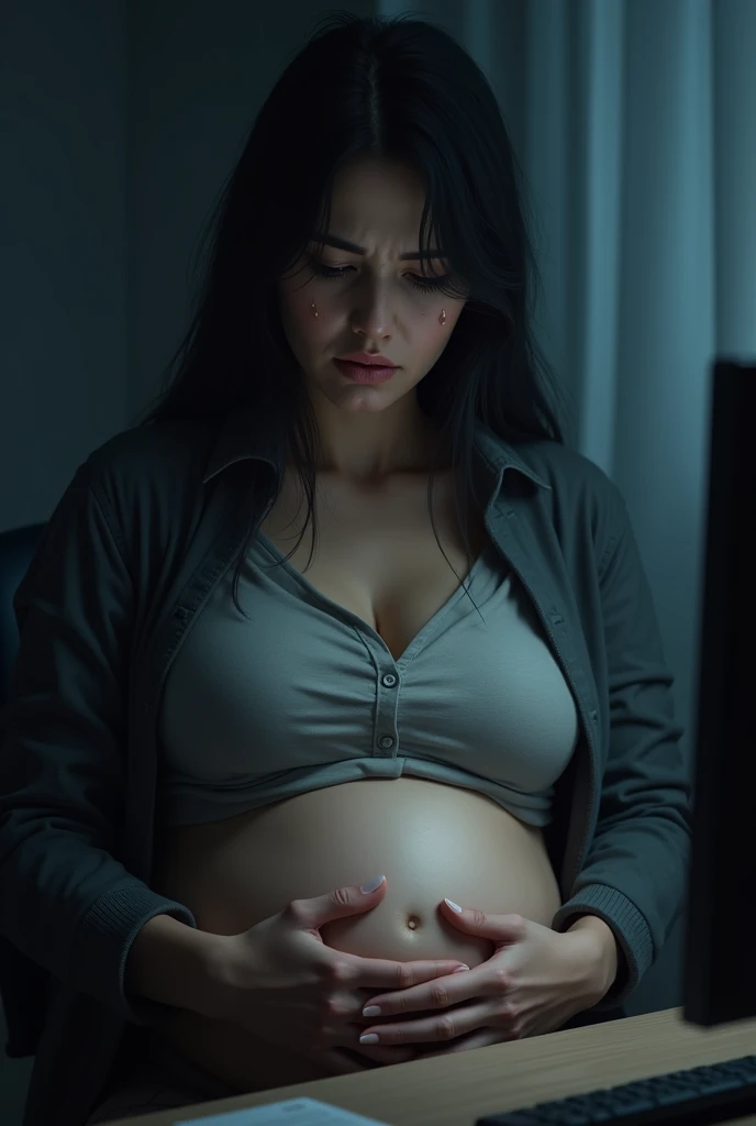 Pregnant woman in front of computer crying, sadness