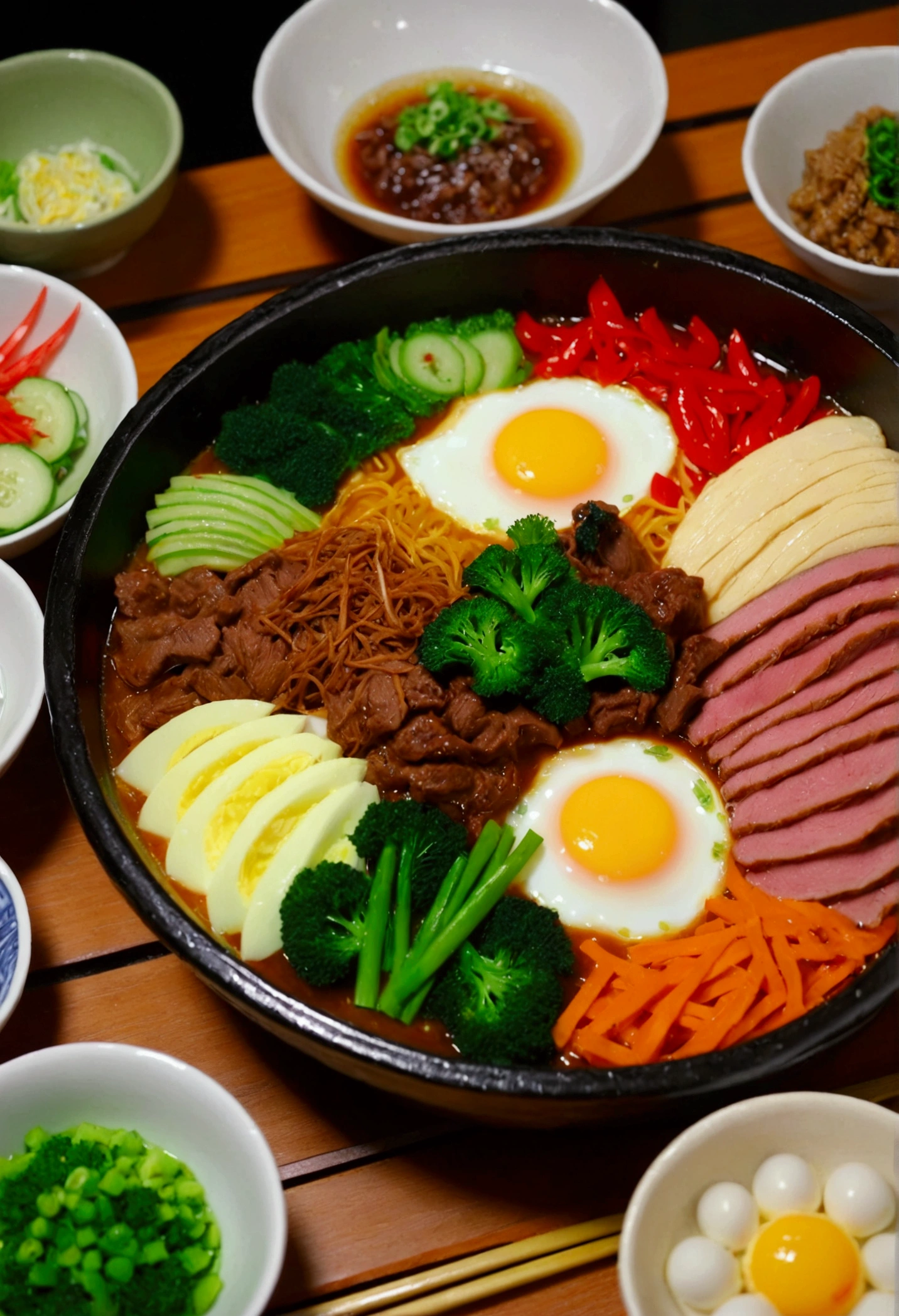 there is a bowl of food with meat, eggs, and vegetables, closeup at the food, korean supper, yummy, dish, very tasty, feast, in style of pan ren wei, yum, cooked, added detail, cuisine, 4 k post, 4k post, masterpiece work of art, by Adam Manyoki, in style of thawan duchanee