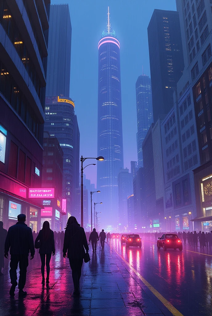 Oil painting of a futuristic street, tall buildings in a distance purple and blue lights, people walking on footpath, and cars on the street. Night time, raining.. realistic