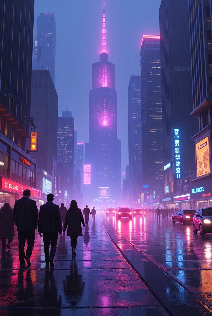 Oil painting of a futuristic street, tall buildings in a distance purple and blue lights, people walking on footpath, and cars on the street. Night time, raining.. realistic 